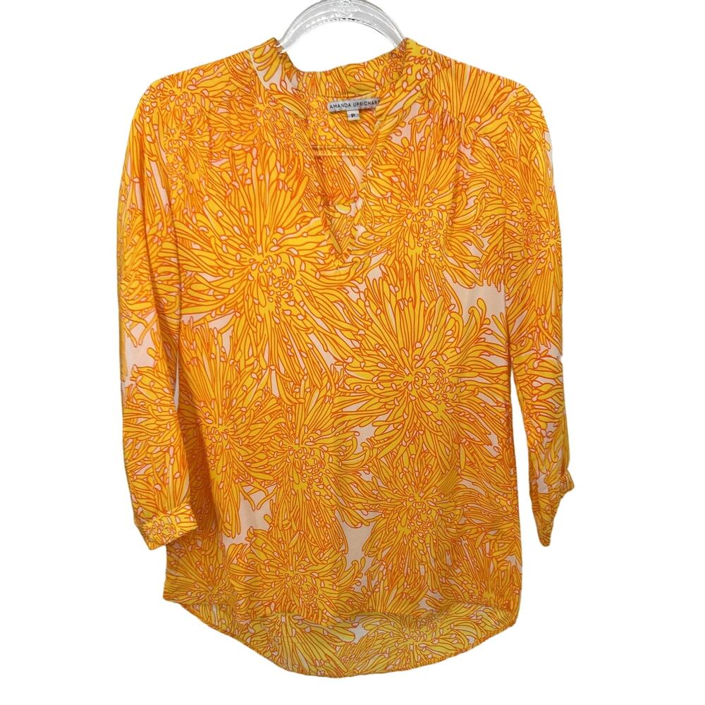 Amanda Uprichard Yellow Orange Floral Print Silk 3/4 Sleeve Blouse Size P